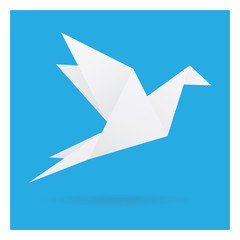 white bird paper craft flying in frame art isolated on blue background