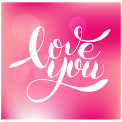 I love you romantic text on pink hearts, Calligraphic love lettering