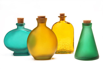 Many different bottles on a white background 