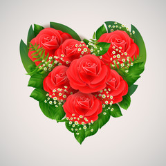 Valentine`s day Red roses bouquet isolated on white background. Vector illustration.