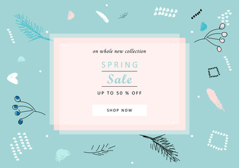 Trendy Sale banner template design with hand drawn floral textures and shapes. Vector illustration for advertising, web design, invitations, wedding, etc