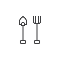 Shovel rake line icon, outline vector sign, linear style pictogram isolated on white. Gardening symbol, logo illustration. Editable stroke