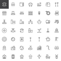 Industry and farming line icons set, outline vector symbol collection, linear style pictogram pack. Signs, logo illustration. Set includes icons as windmill, tractor, hive, barn, factory, agriculture
