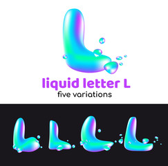 L letter is an aqua logo. Liquid volumetric letter with droplets and sprays for the corporate style of the company or brand on the letter L. Juicy, watery, holographic style.