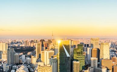 Asia Business concept for real estate and corporate construction - panoramic modern city skyline bird eye aerial view of skytree under golden sun in Roppongi Hill, Tokyo, Japan