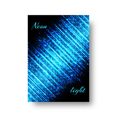 Rectangular invitation template for a Christmas party with neon lights of blue light on a black background