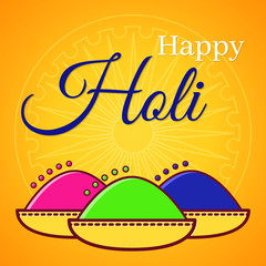 Holi festival of spring and bright colors in India. Traditional colored powder Gulal and symbolic wheel in the background. Flat icon vector design. Usable for design greeting card, banner, invitation