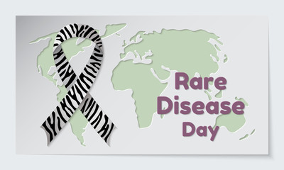 Rare Disease Day theme. Postcard or banner with a map cut out in paper, a zebra print ribbon and reminding an inscription. Vector illustration