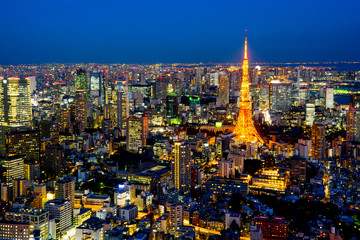 Asia Business concept for real estate & corporate construction - panoramic modern city skyline of Tokyo Tower with neon night in Roppongi Hill, Tokyo, Japan