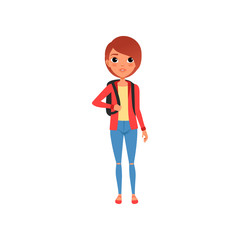 Cartoon female character in red jacket, yellow t-shirt and blue jeans. Girl with brown hair and with backpack on shoulders. Stylish teenage clothes. Flat vector design