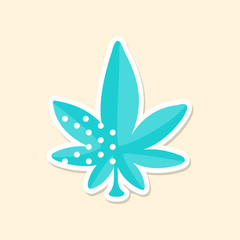 Marijuana leaf, cute sticker in bright colors, fashion patch vector illustration, cartoon style