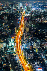 Asia Business concept for real estate & corporate construction - panoramic modern city skyline view of Shibuya & Tokyo Metropolitan Expressway with neon night in Roppongi Hill, Tokyo, Japan