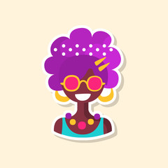Cute colorful hippie woman, sticker in bright colors, fashion patch vector illustration, cartoon style