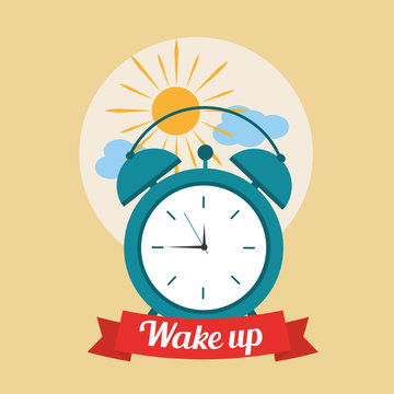 Wake Up Good Morning Poster With Alarm Clock And Clouds Vector Illustration