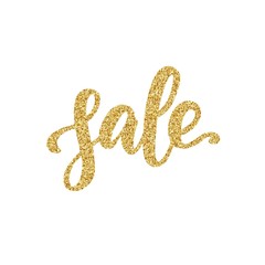 Sale hand lettering, with gold glitter texture effect, isolated on white background. Vector illustration. Can be used for merchandise or season  advertising.