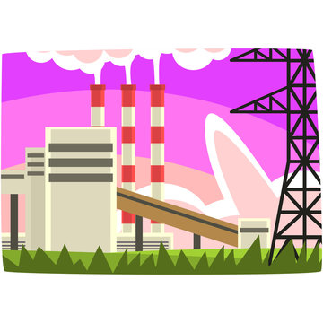 Electricity generation plant, fossil fuel power station horizontal vector illustration