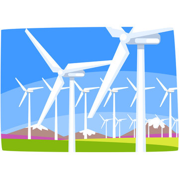 Wind power station, ecological energy producing station, renewable resources horizontal vector illustration