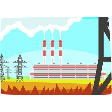 Energy producing station, electricity generation plant horizontal vector illustration