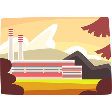 Fossil fuel plant, energy producing power station horizontal vector illustration