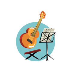 Symbols of the musician profession, acoustic guitar music stand with notes cartoon vector Illustration