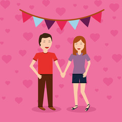 happy couple holding hands with decorative garland and hearts vector illustration