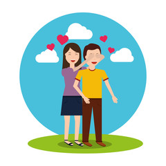 woman covering her boyfriends eyes love hearts vector illustration