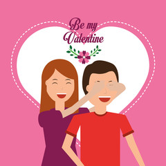 happy woman covering her man eyes heart valentines day vector illustration