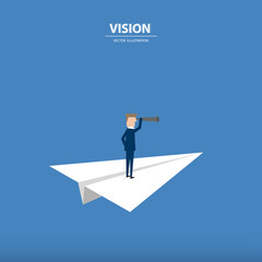 Businessman with monocular on a paper rocket. Business concept of leadership, vision, mission or ambitions. Vector illustration.
