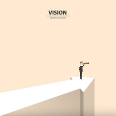 A businessman with monocular looking forward on the progressive arrow. Business concept of leadership, vision, mission or ambitions. Vector illustration.