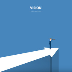 A businessman with monocular looking forward on the progressive arrow. Business concept of leadership, vision, mission or ambitions. Vector illustration.