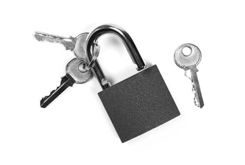 Padlock with keys, isolated on white background, top view
