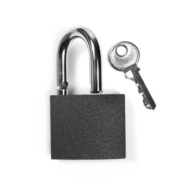 Padlock with key, isolated on white background, top view