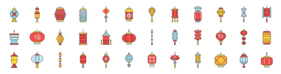 Fototapeta na wymiar Chinese new year lantern set , filled outline icon, pixel perfect size 218 px , 2 px stroke