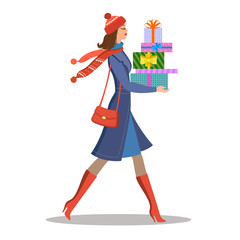 Shopping girl. Woman with colourful gift boxes. Sale and shopping concept. Vector illustration, eps 10.
