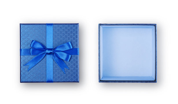 Open Empty Blue Square Gift Box With Shiny Satin Bow