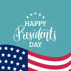 Happy Presidents Day handwritten phrase in vector. National holiday illustration with USA flag on white background.