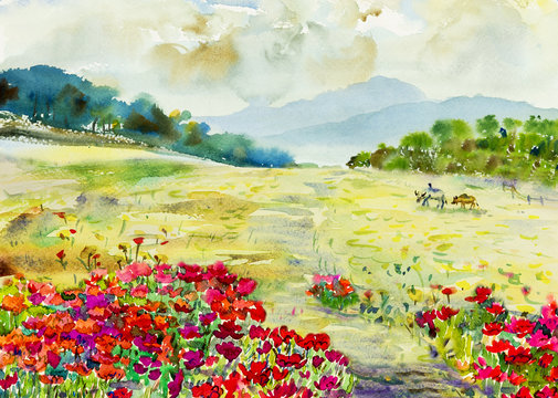 Watercolor painting landscape colorful of wildflowers, buffalo in meadow.