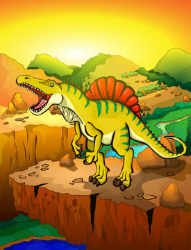 Cute cartoon spinosaur with landscape background. Vector illustration of a cartoon dinosaur.