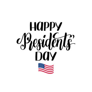 Happy Presidents Day handwritten phrase in vector. National holiday illustration with USA flag on white background.