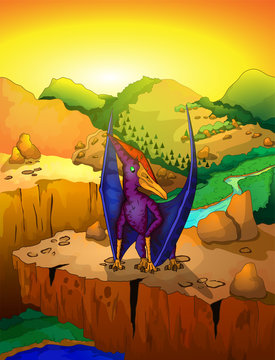 Cute cartoon pteranodon with landscape background. Vector illustration of a cartoon dinosaur.
