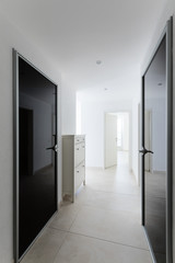 Interior of modern empty apartment, passage with black doors