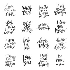 Set of Valentines day romantic handwritten quotes and slogans isolated on white. Good for save the date, wedding stationary, typography poster or apparel, for greetings. Vector design elements