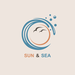 abstract design of ocean logo with sun, waves and seagulls