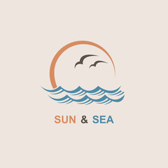 abstract design of ocean logo with sun, waves and seagulls