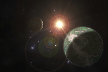 Deep space alien planet, fantasy astro 3D illustration