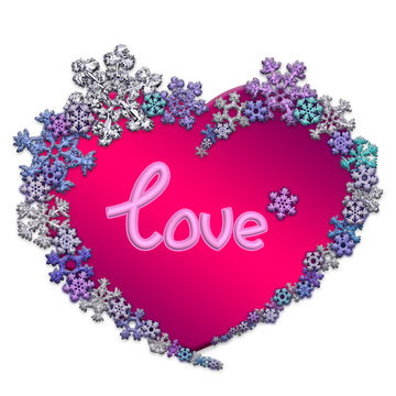 Beautiful pink heart with lettering made of snowflakes
