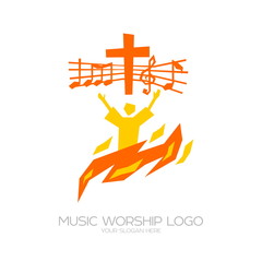 Music logo. Christian symbols. The believer worships Jesus Christ, sings the glory to God