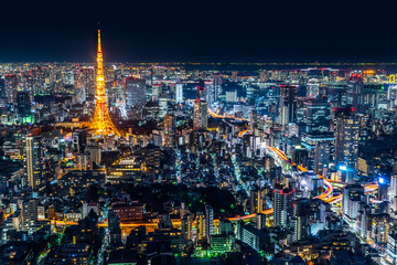 Asia Business concept for real estate & corporate construction - panoramic modern city skyline of Tokyo Tower and Tokyo Metropolitan Expressway junction with neon night in Roppongi Hill, Tokyo, Japan