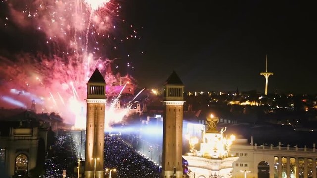 New Year celebrations with city lights at Placa Espana in Barcelona