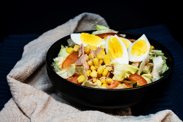 Fresh salad - Delicious fresh salad with tomatoes, lettuce, eggplant, zucchini, cheese, parma ham and olive oil.